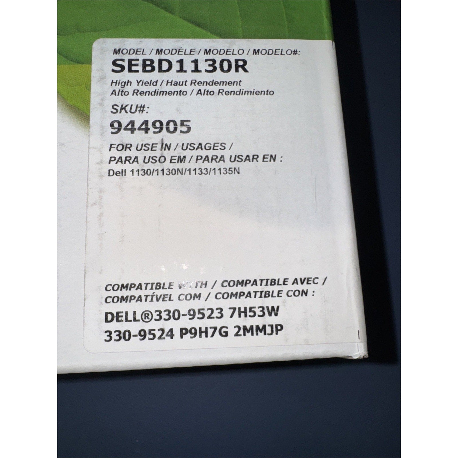 White label on a box displaying model number SEBD1130R, high yield toner cartridge details, SKU 944905, and compatibility with Dell 1130, 1130N, 1133, 1135N printers and related part numbers.