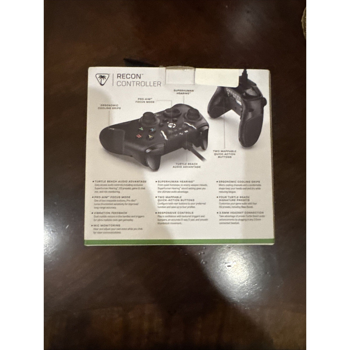 Turtle Beach Recon Controller for Xbox Series X/S box showing front and back images with feature descriptions in black design