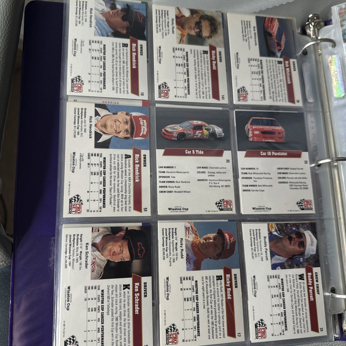 Set of 9 Pinnacle Pro Set NASCAR Marx Trading Cards (Set B829)