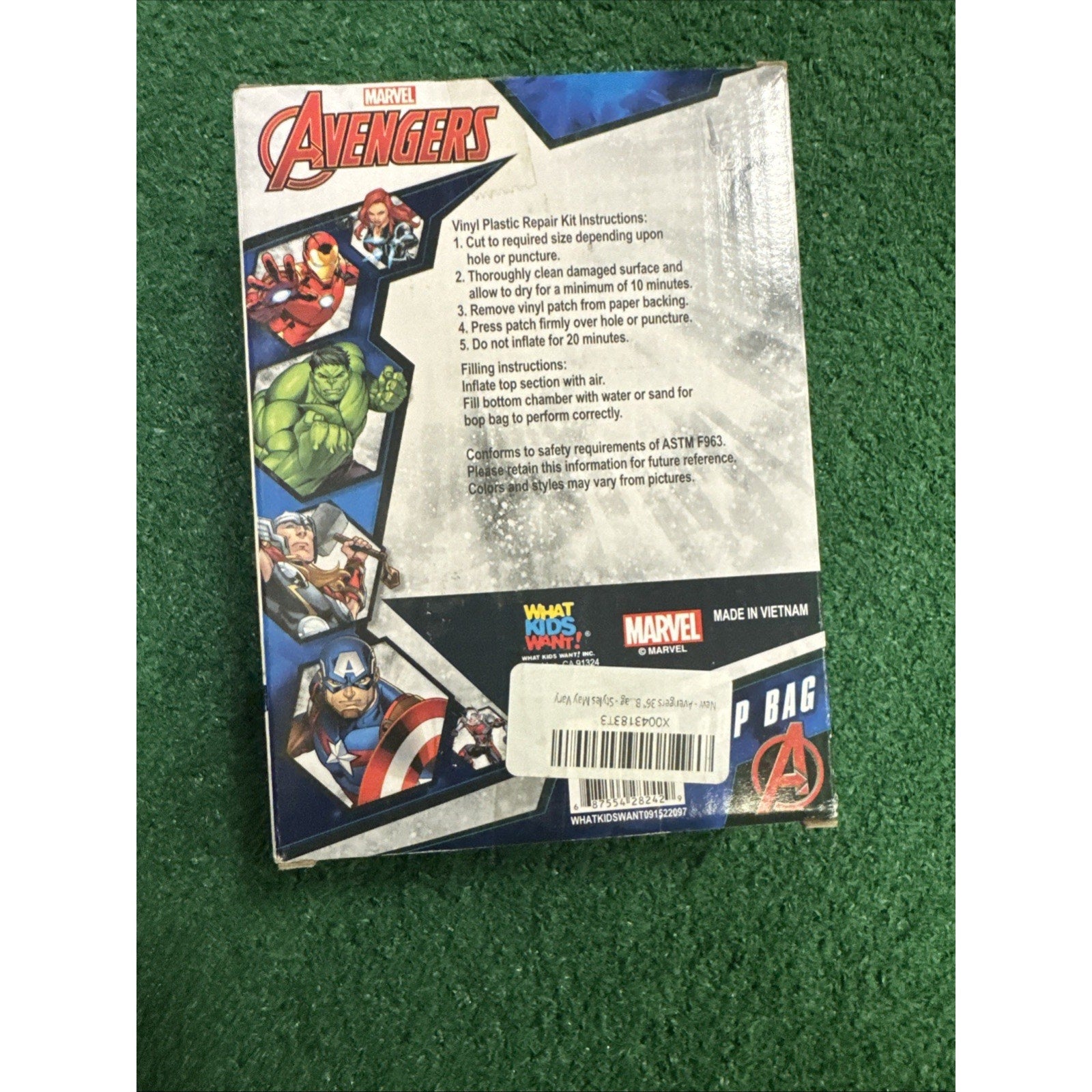 Marvel Avengers bop bag packaging showing Hulk, Iron Man, Captain America with repair and filling instructions on back