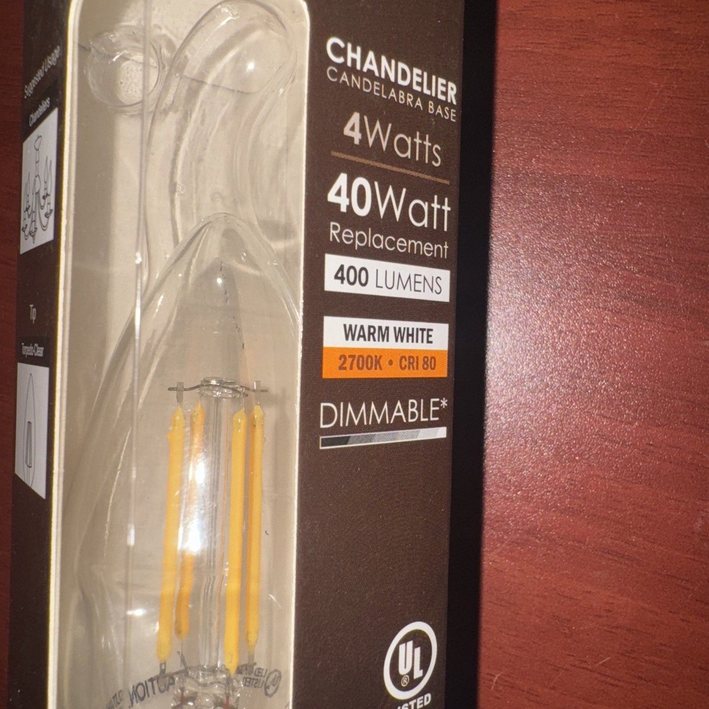 Sunlite clear LED filament chandelier bulb 4W 40W replacement 2700K warm white dimmable packaging close-up