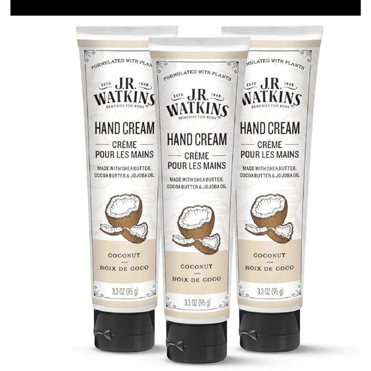 Three J.R. Watkins coconut hand cream tubes with shea butter, cocoa butter, and jojoba oil moisturizing formula