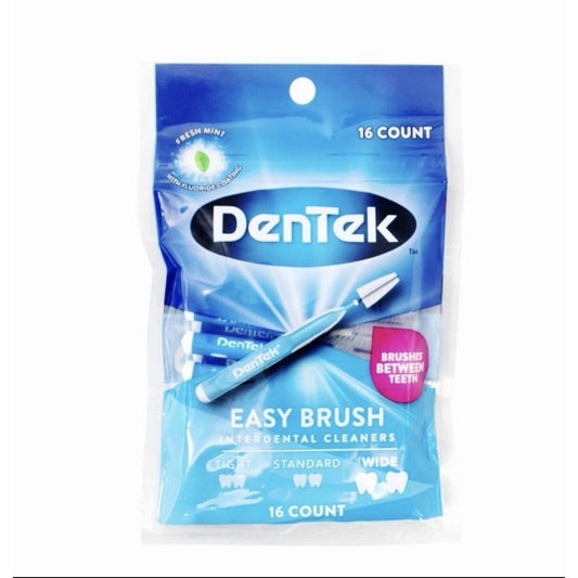 DenTek Easy Brush Extra Tight Interdental Cleaners 16 count pack with fresh mint flavor and blue packaging