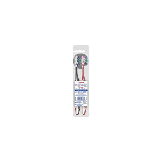Colgate 360 Optic White Advanced medium toothbrush pack with black and red handles showing back packaging details