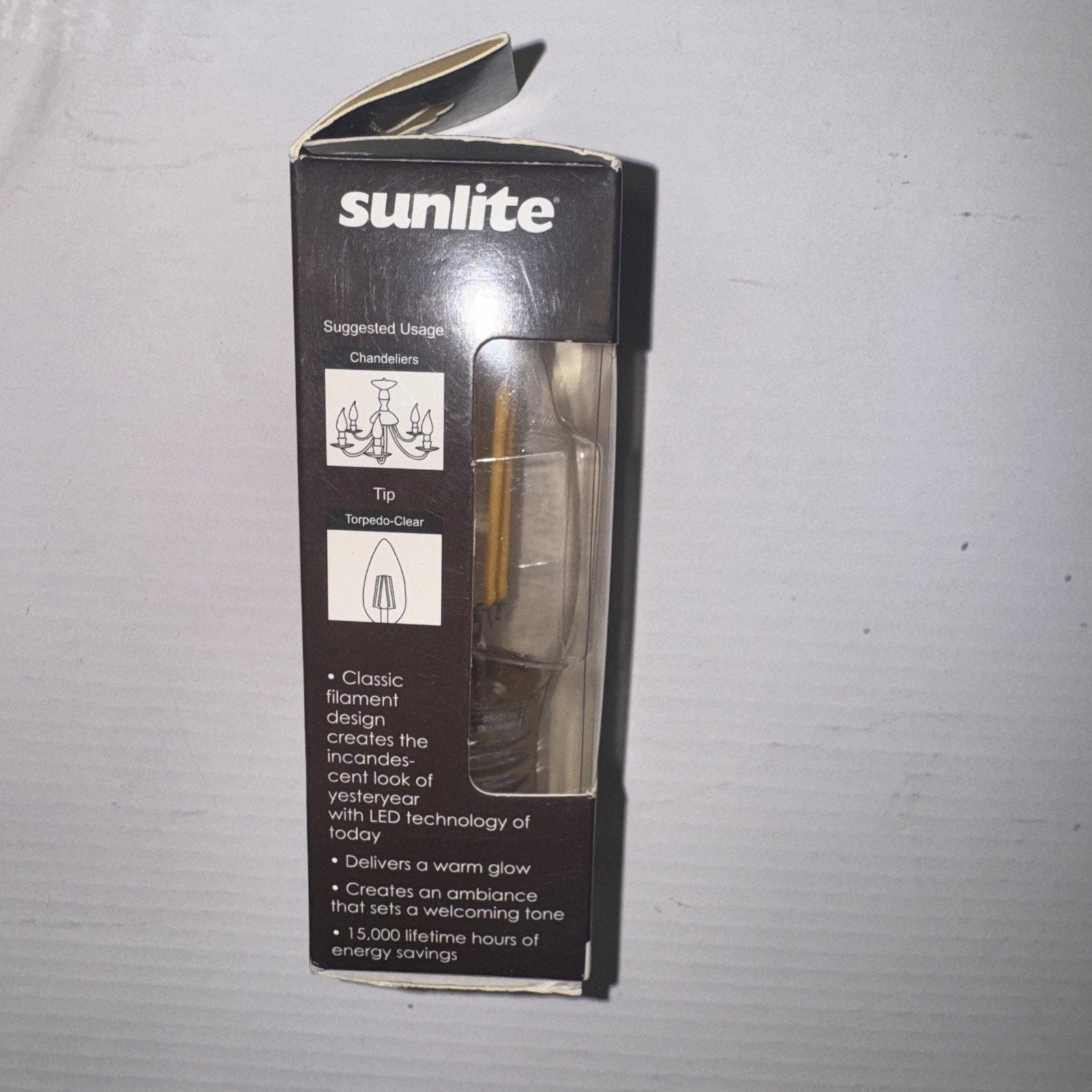 Sunlite 5 watt 120v LED chandelier bulb with torpedo-clear tip and classic filament design in retail packaging