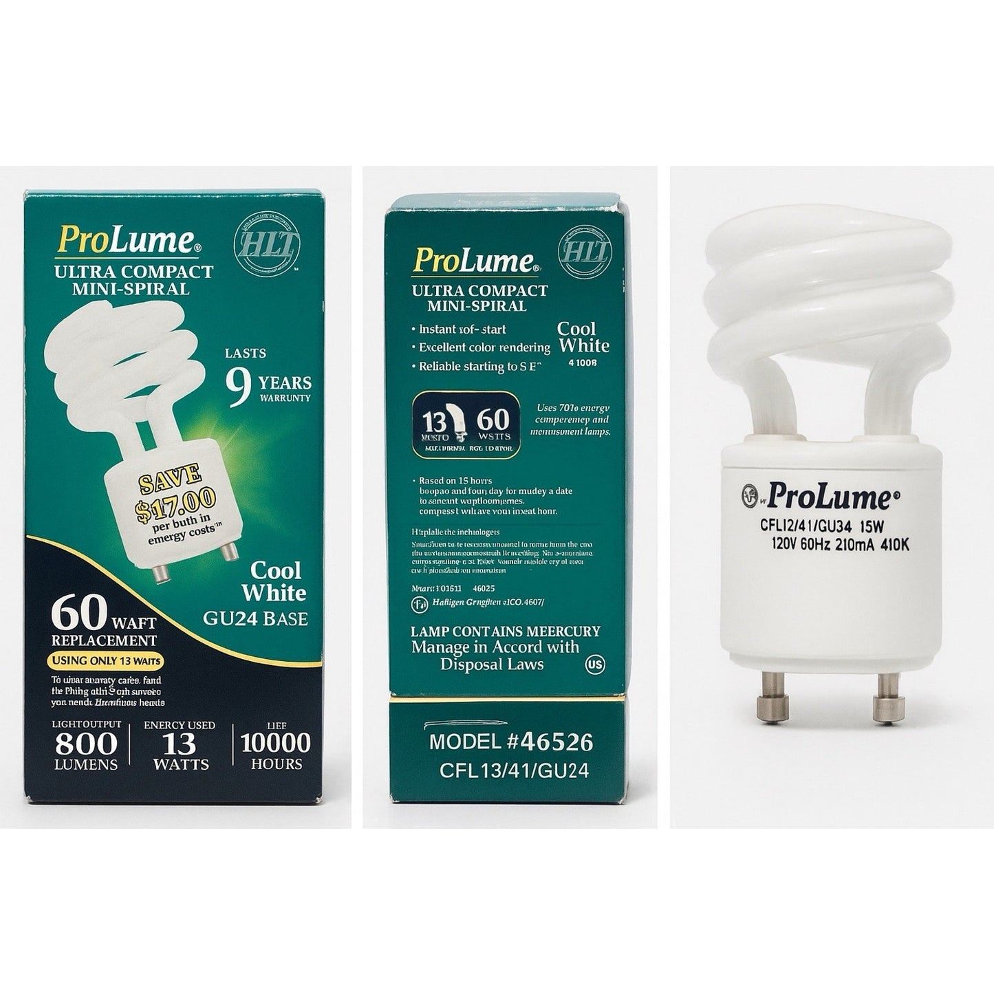 ProLume Ultra Compact Mini-Spiral CFL bulb 13W energy-saving cool white with GU24 twist-lock base packaging and bulb view