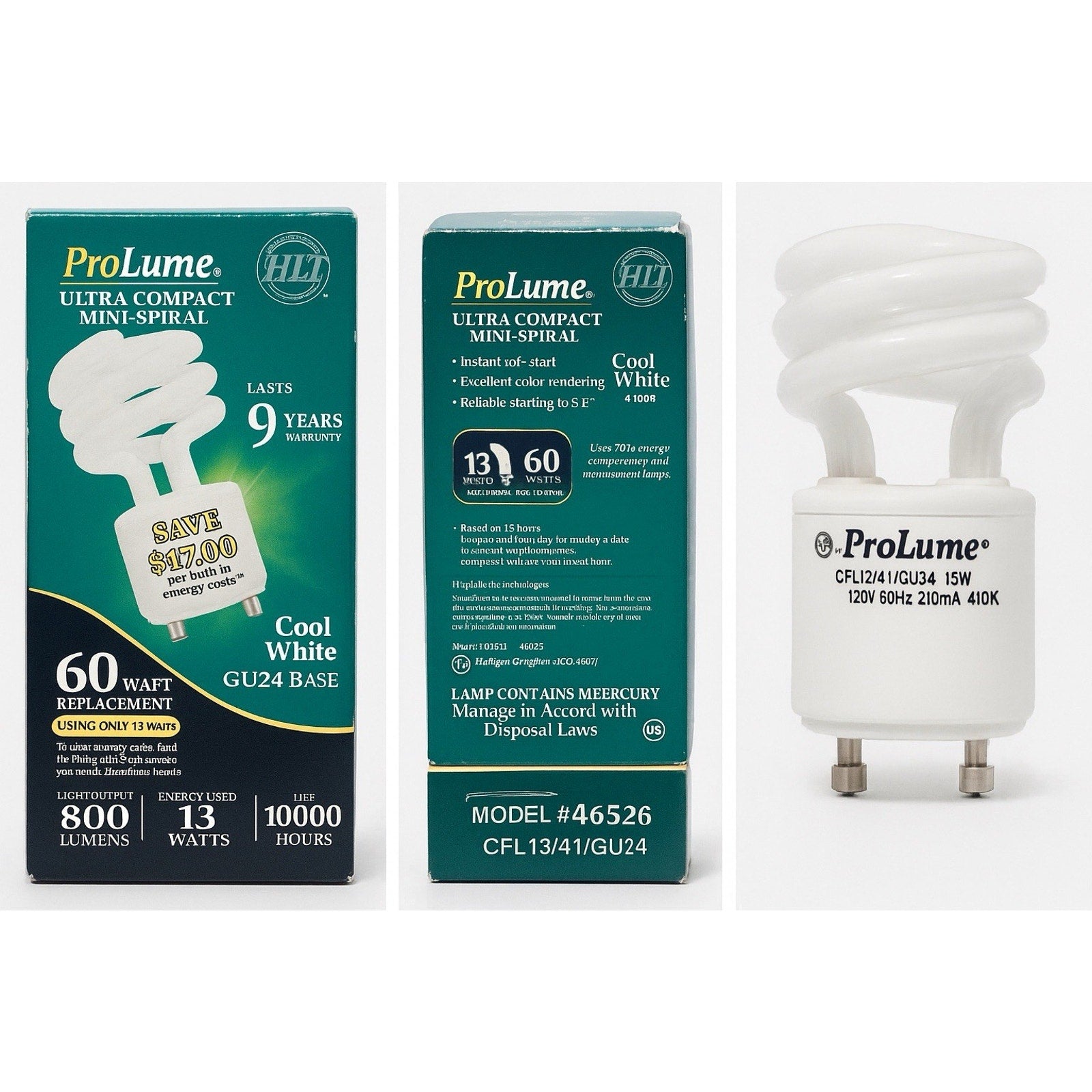 ProLume Ultra Compact Mini-Spiral CFL bulb 13W energy-saving cool white with GU24 twist-lock base packaging and bulb view