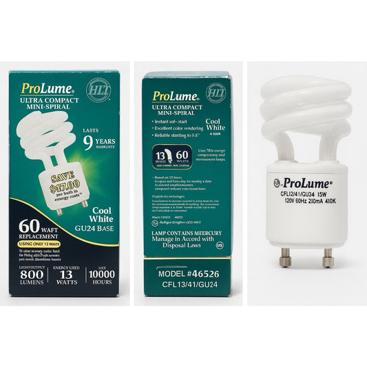 ProLume Ultra Compact Mini-Spiral CFL bulb 13W energy-saving cool white with GU24 twist-lock base packaging and bulb view
