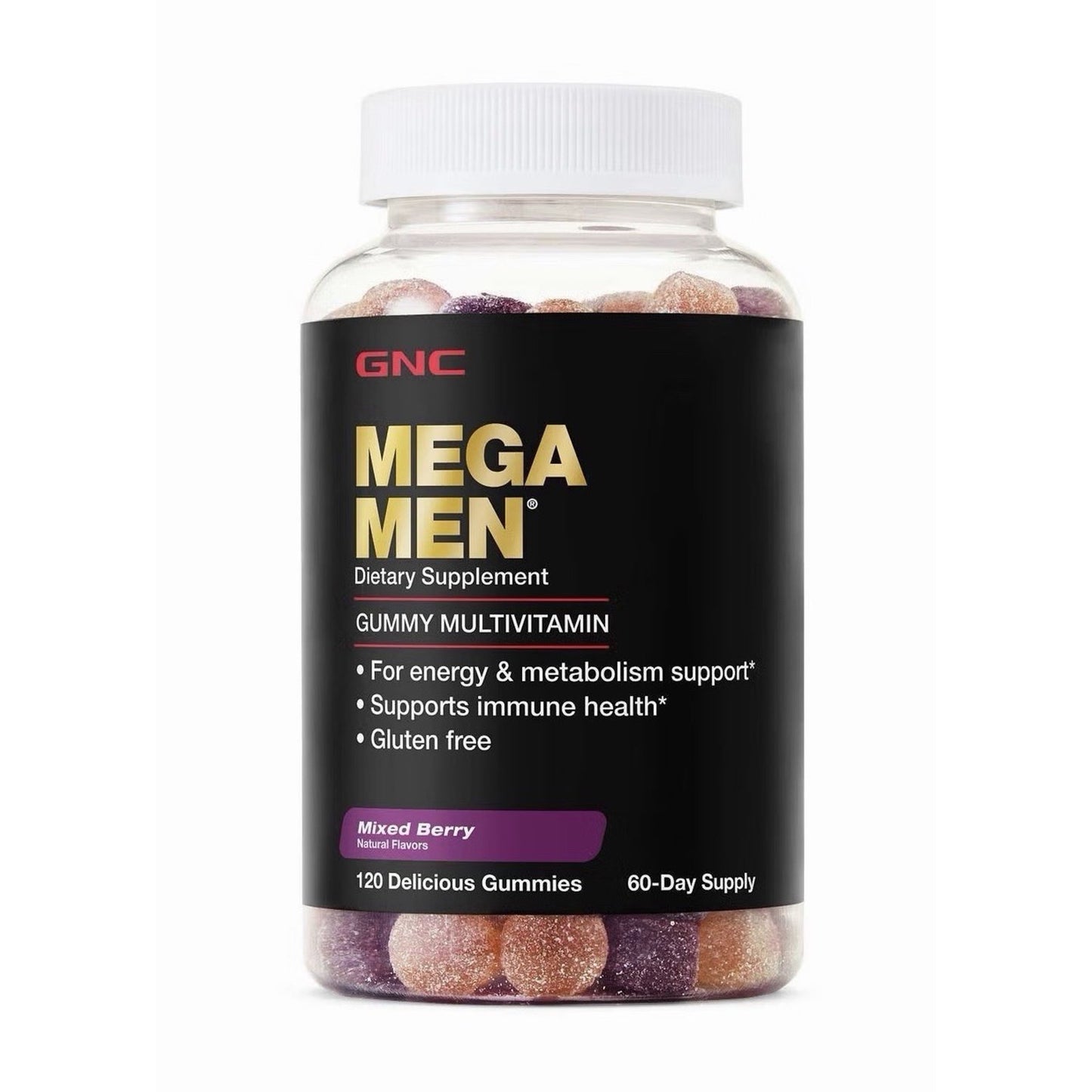 Clear plastic bottle with white cap containing purple and orange gummy vitamins, labeled as GNC Mega Men dietary supplement for energy, metabolism, immune support, and gluten free with mixed berry flavor.