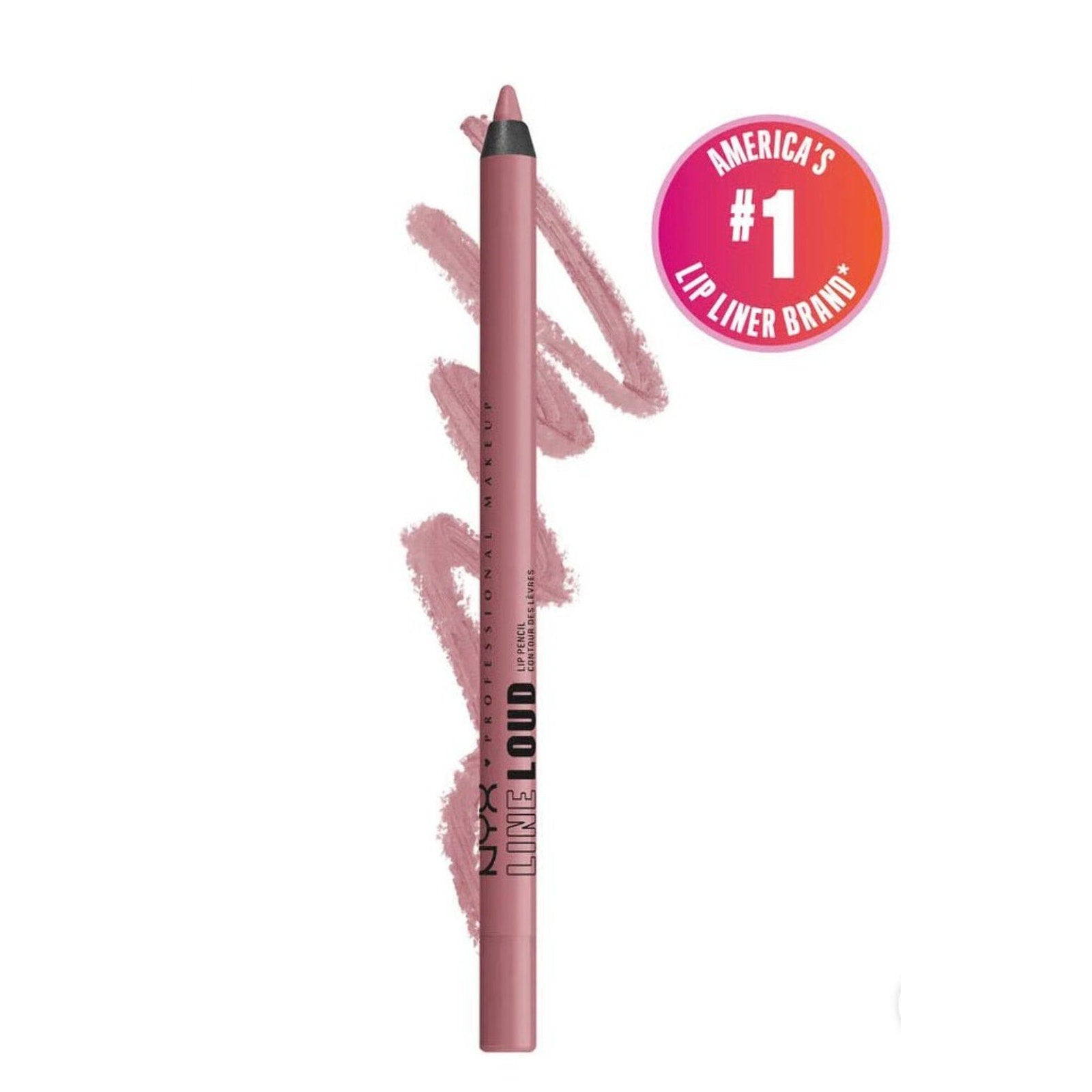 Mauve pink lip liner pencil with the text "NYX Lingerie Loud" printed on the side, displayed with a squiggly swatch behind it and a circular badge stating "America's #1 Lip Liner Brand.