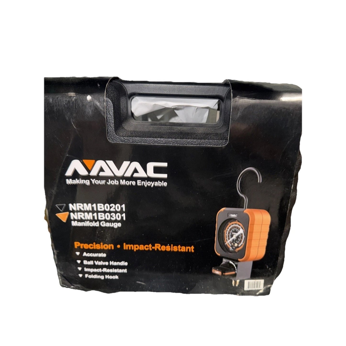 Black soft carrying case with a clear view pocket displaying a Navac branded orange manifold gauge tool, highlighting features like precision, impact resistance, ball valve handle, and folding hook.