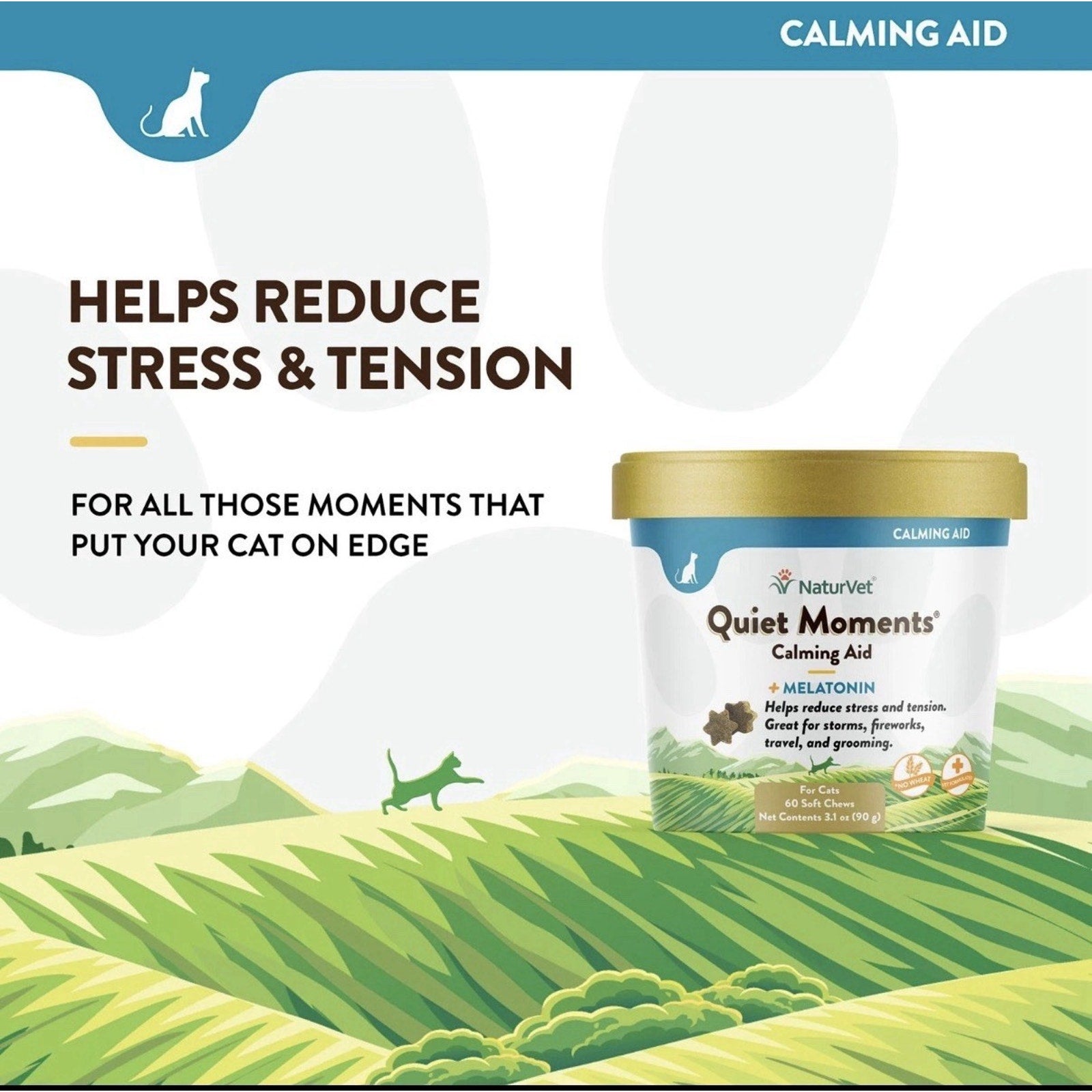 Container of NaturVet Quiet Moments Calming Aid with melatonin for cats, placed on a green hilly landscape background, emphasizing stress and tension relief benefits.