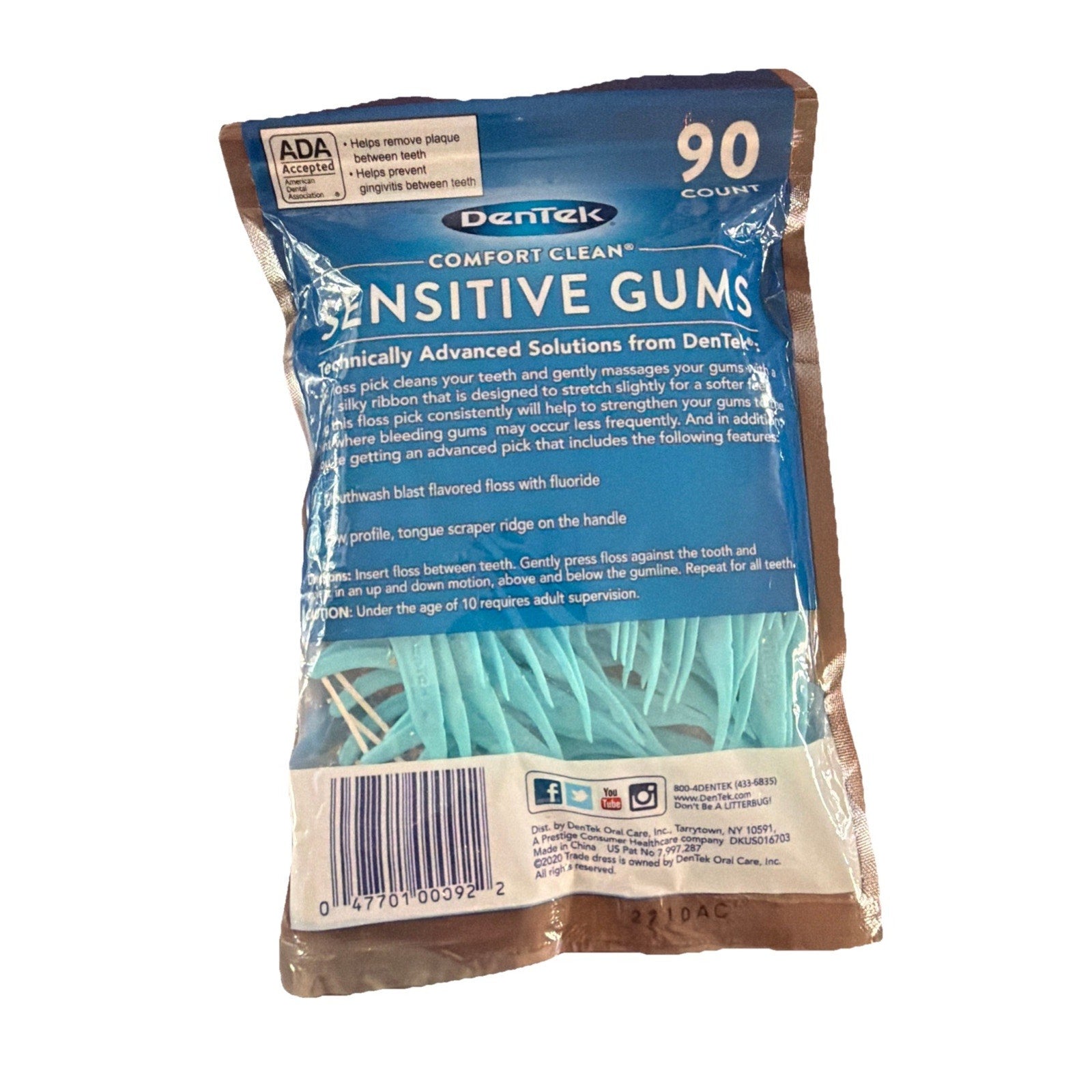 Dentek Sensitive Gums 90 count floss picks in resealable blue and brown plastic packaging