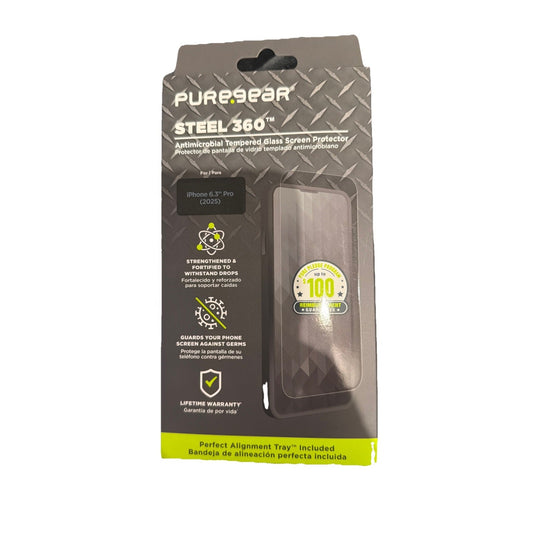 PureGear Steel 360 antimicrobial tempered glass screen protector for iPhone 17 Pro in retail packaging with warranty details