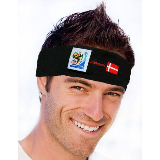 Man wearing a black headband featuring the 2014 FIFA World Cup logo alongside the Danish flag and the word "Danmark" on a white background.