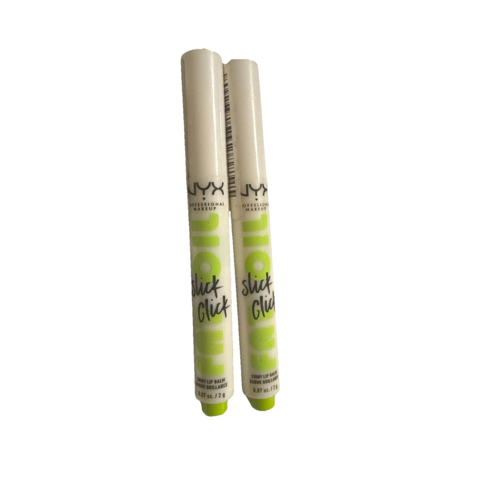 NYX Fat Oil Slick Click Vegan Lip Balm in Main Character clear shade showing two full-size lip balms