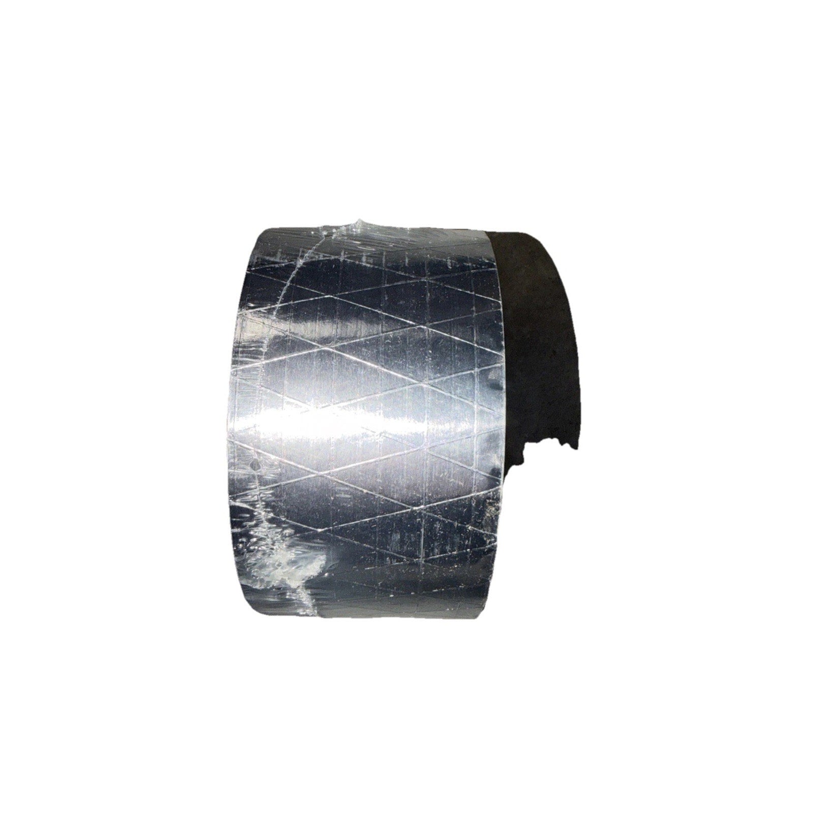 Partially used roll of reflective silver adhesive tape with a diamond-patterned textured surface on a white background.