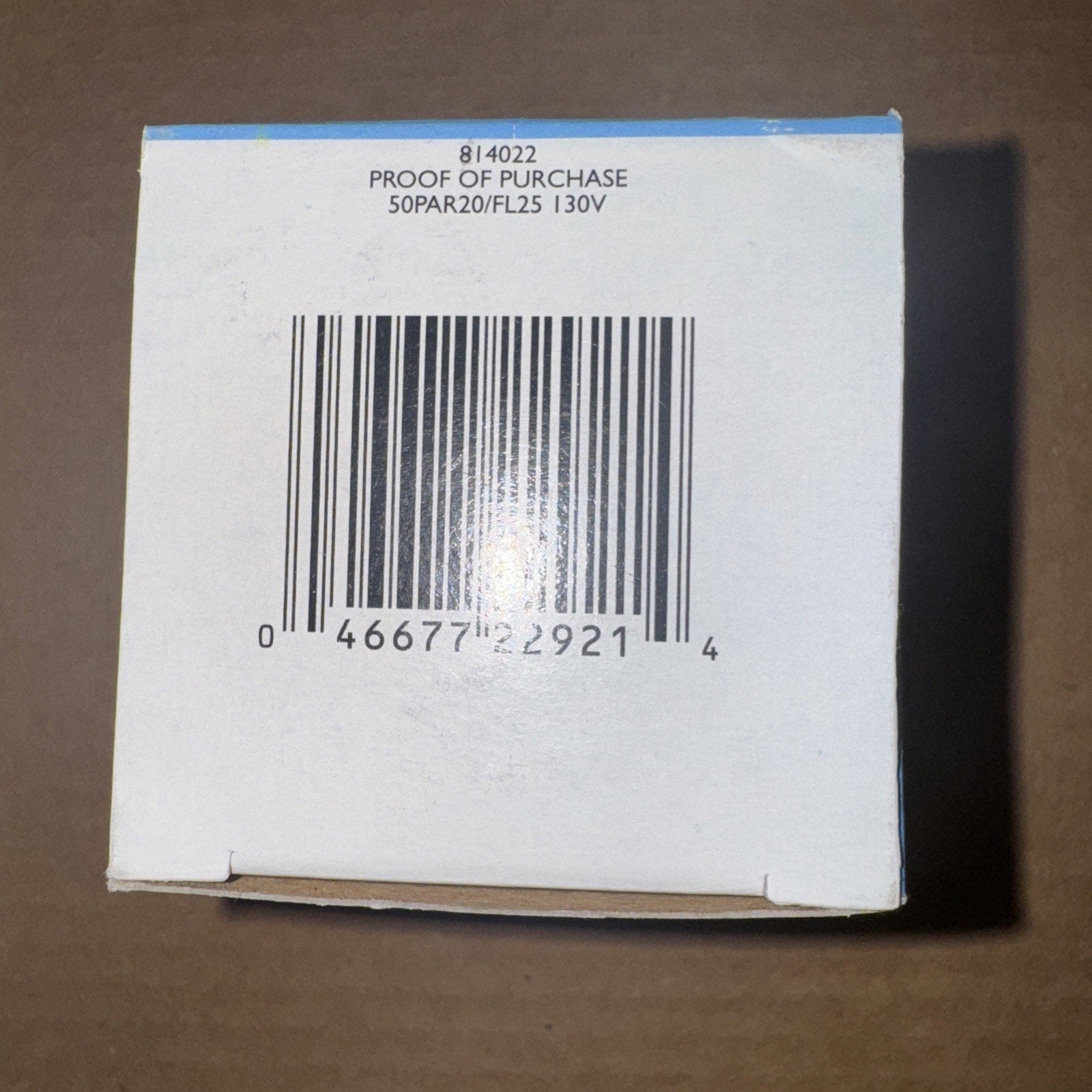 Box back view showing barcode and proof of purchase for Phillips Halogen Wide Flood Light 50W PAR 20 bulb
