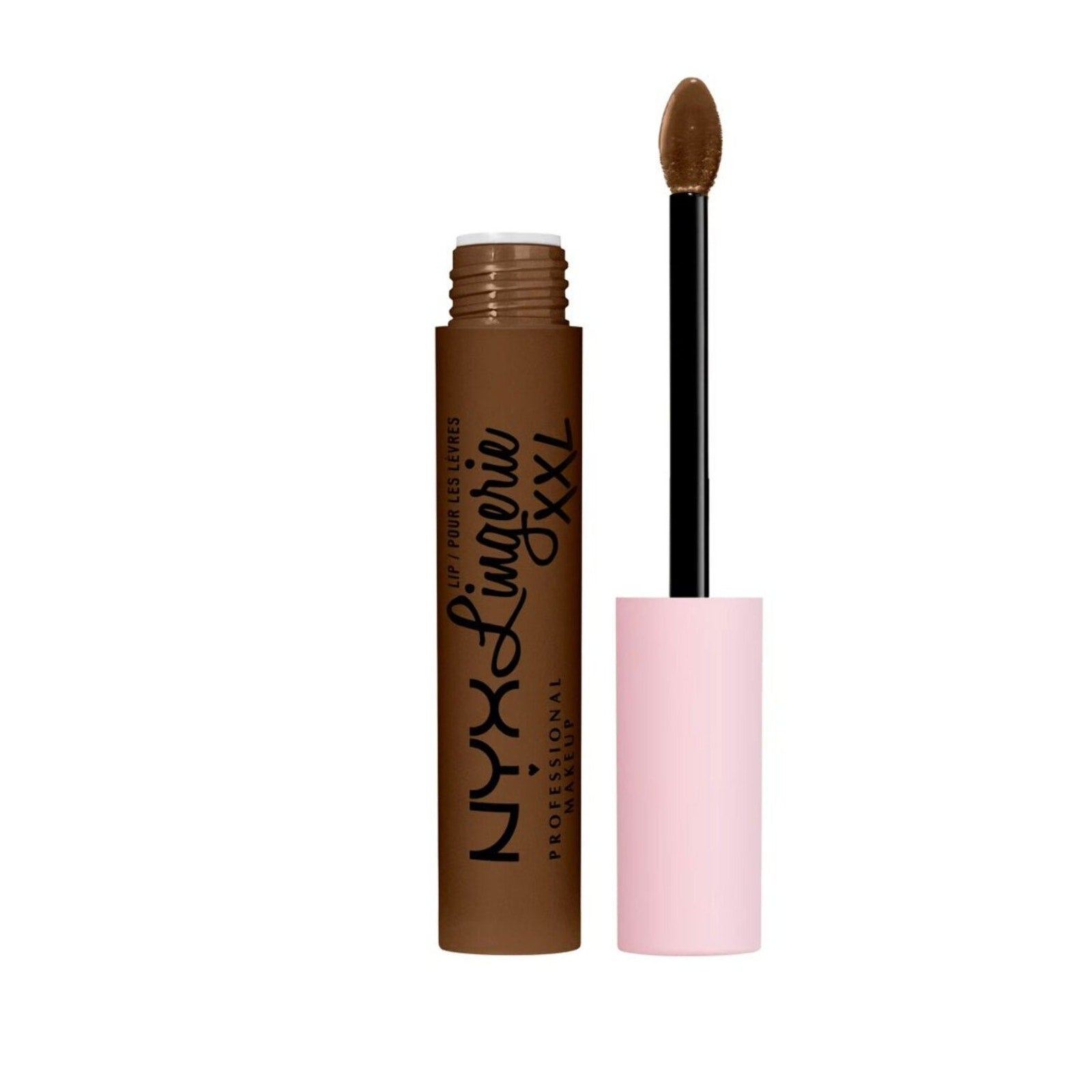 Open tube of dark brown liquid lipstick with a pink cap attached to a wand applicator displaying the rounded tip saturated with product.
