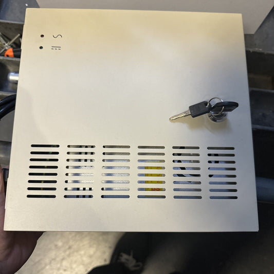 18 channel metal security camera power supply box with ventilation slots and locked key on top panel