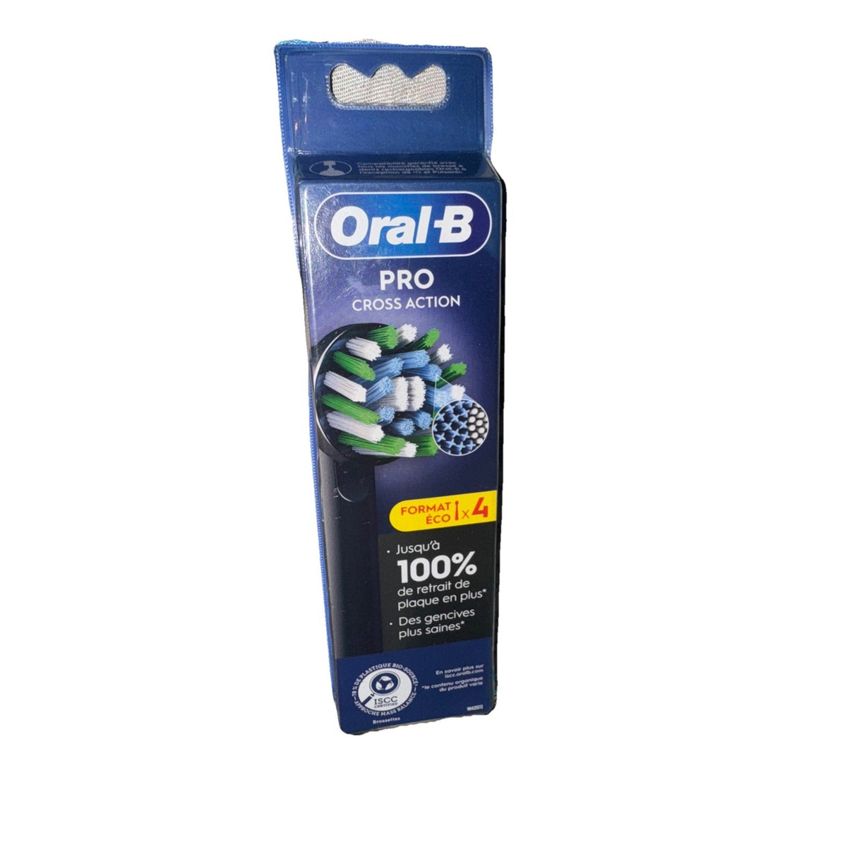 Oral-B Pro Cross Action replacement toothbrush heads pack of 4 with multi-directional bristles in blue and green packaging