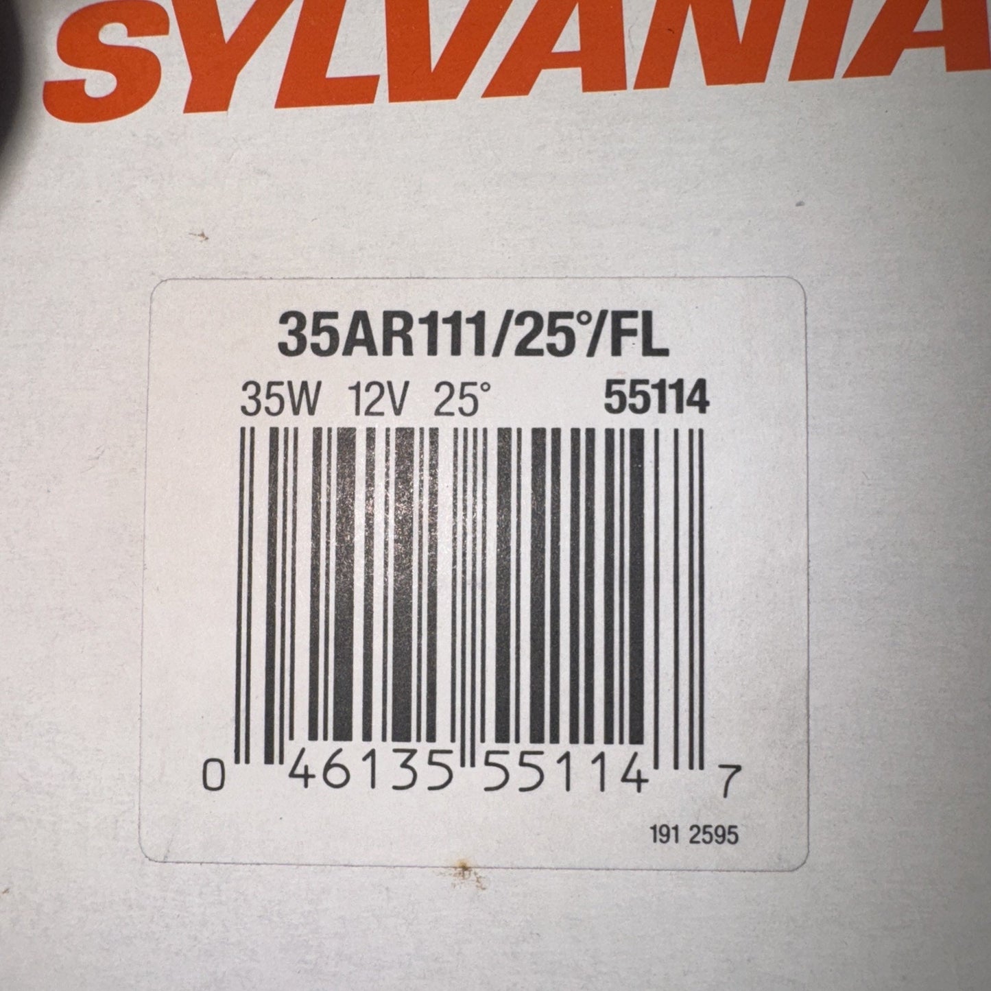 Box label for Osram Sylvania 35W 12V 25-degree replacement bulb with barcode and product code 55114