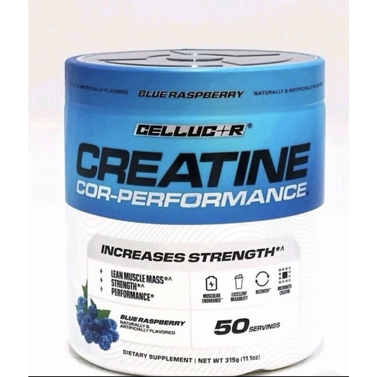 Blue raspberry flavored creatine supplement container labeled to increase strength, lean muscle mass, endurance, recoverability, and performance with 50 servings per tub.