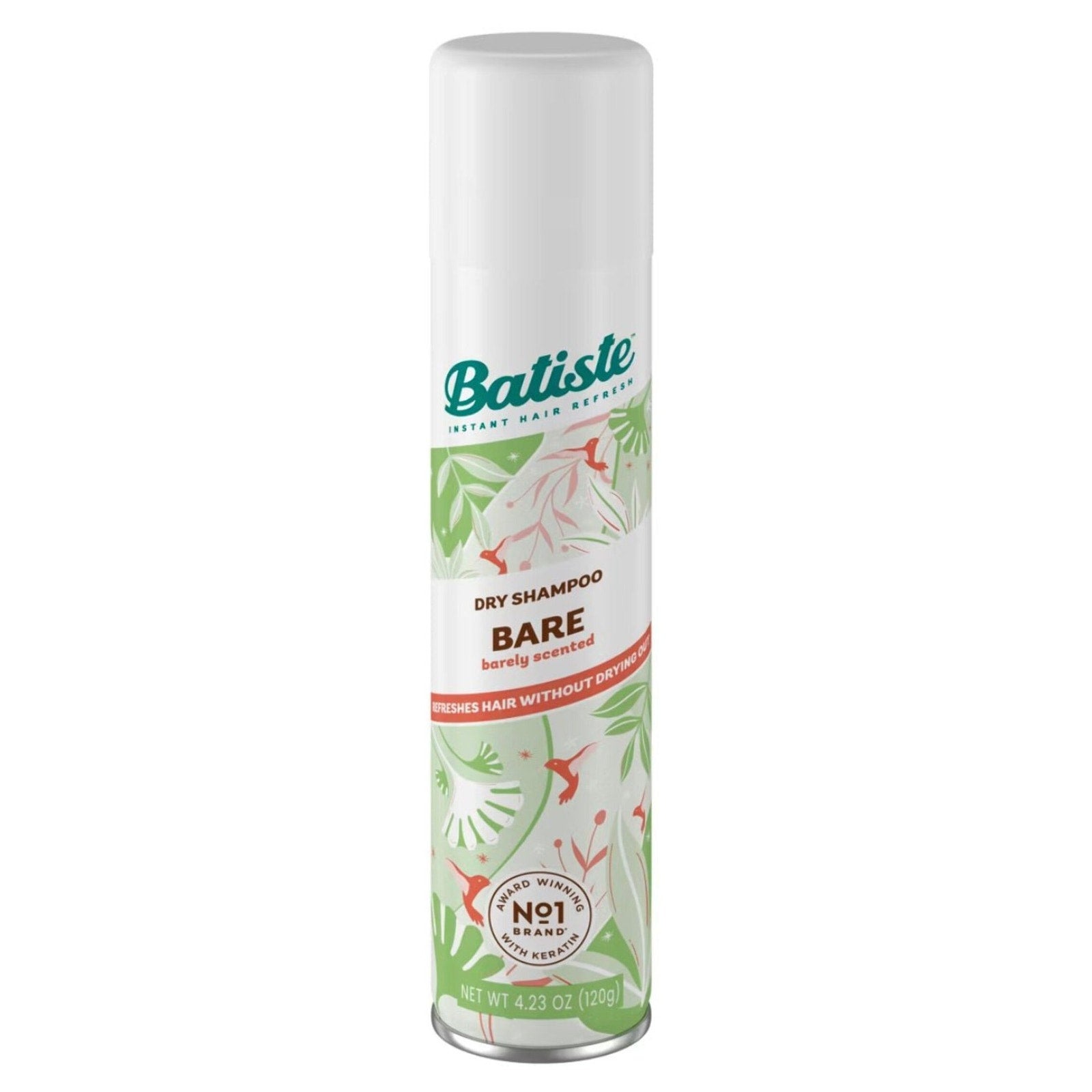Tall white aerosol can of Batiste Bare dry shampoo with green and coral botanical leaf and bird illustrations, featuring text indicating a barely scented formula and hair refresh benefits without water.