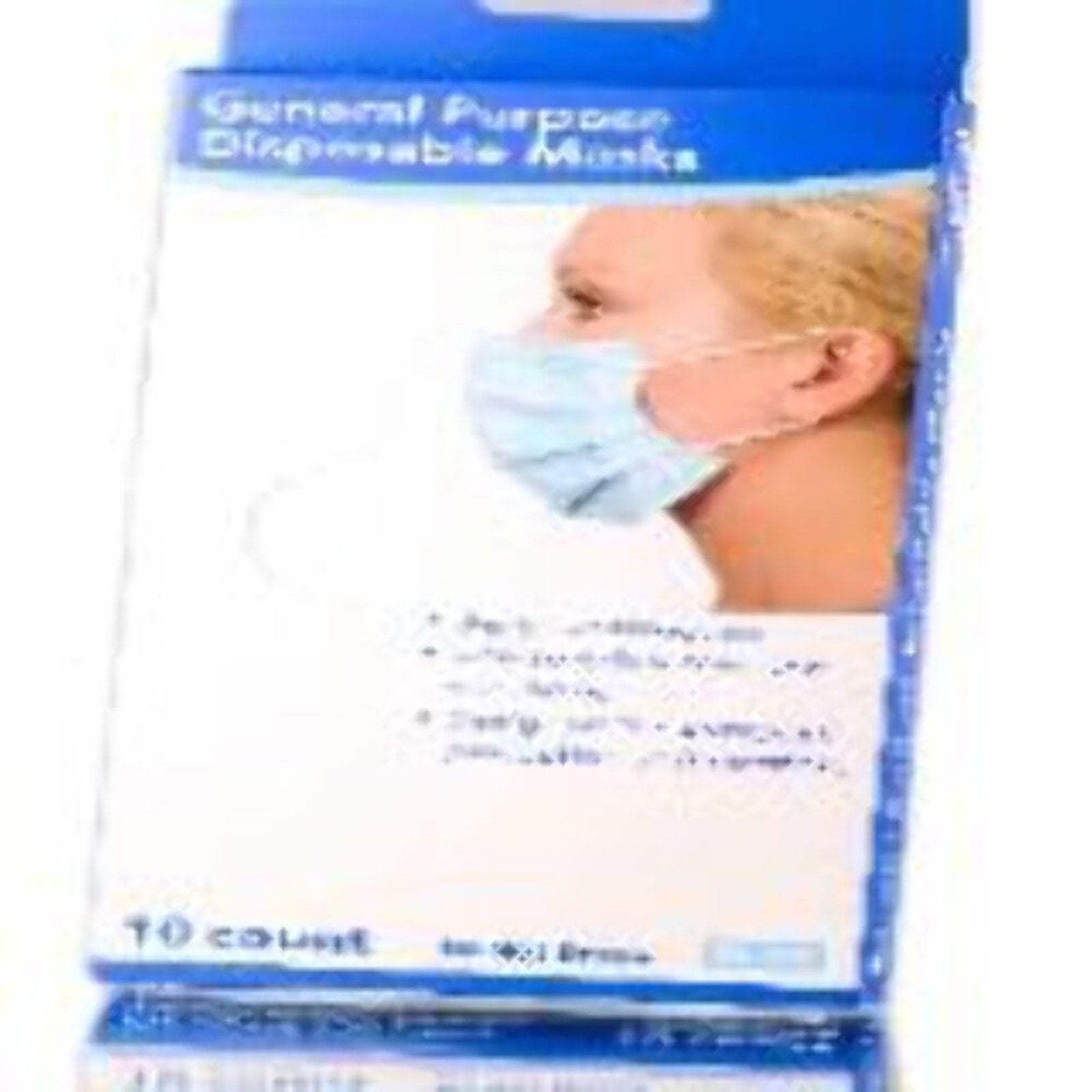 Packaging of general purpose disposable masks showing a side profile of a person wearing a light blue surgical mask, with text indicating a 10 count per box.