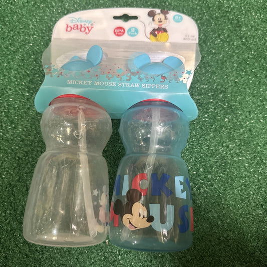 Disney Baby Mickey Mouse 10 oz sippy cup 2 pack with straw lids featuring Mickey Mouse graphic on blue cup