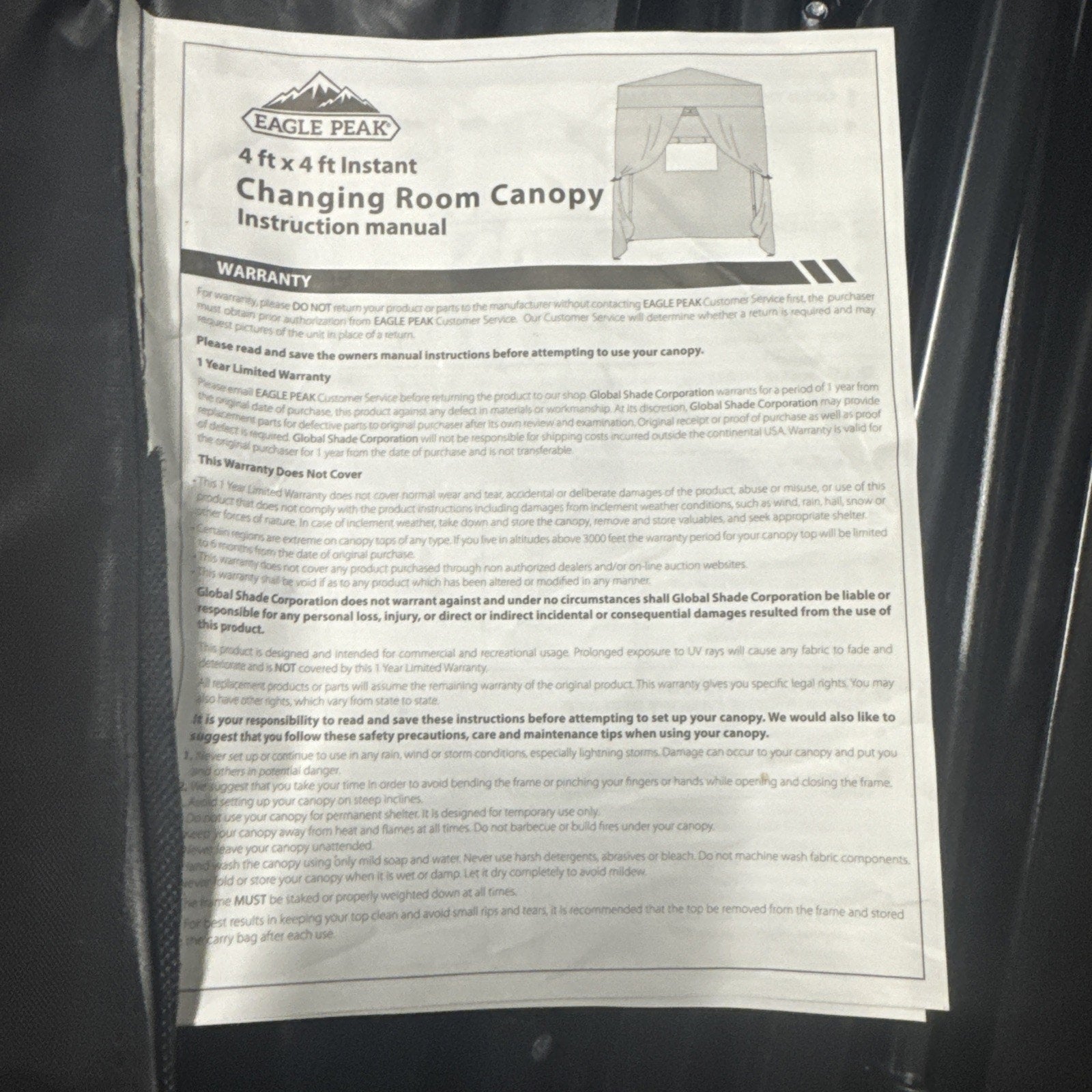 Eagle Peak 4x4 ft pop up canopy tent frame with carry bag and instruction manual for changing room setup