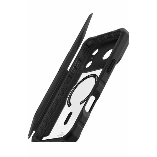 ITSKINS Hybrid R Folio black protective phone case with clear back for iPhone 17 Pro shown open at angle
