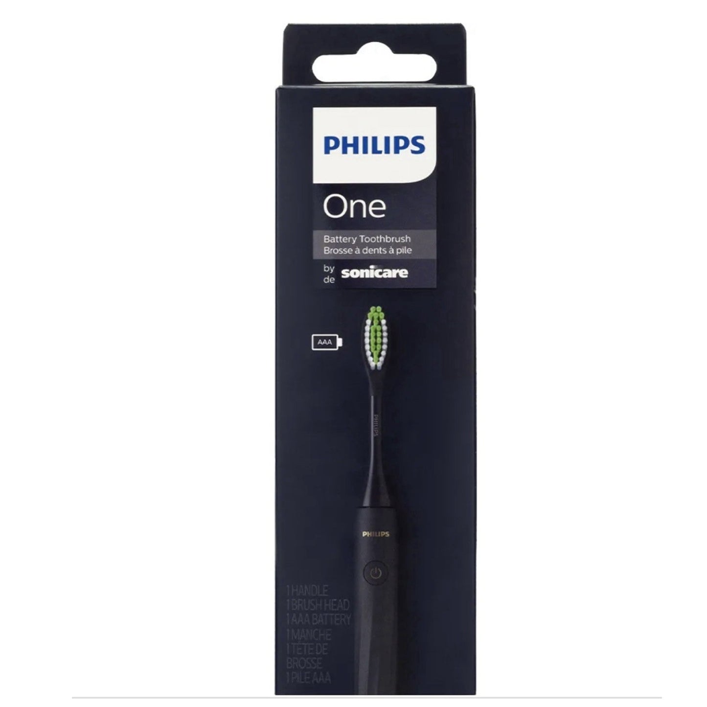 Philips One Sonicare black battery toothbrush with green and white bristles in black retail box