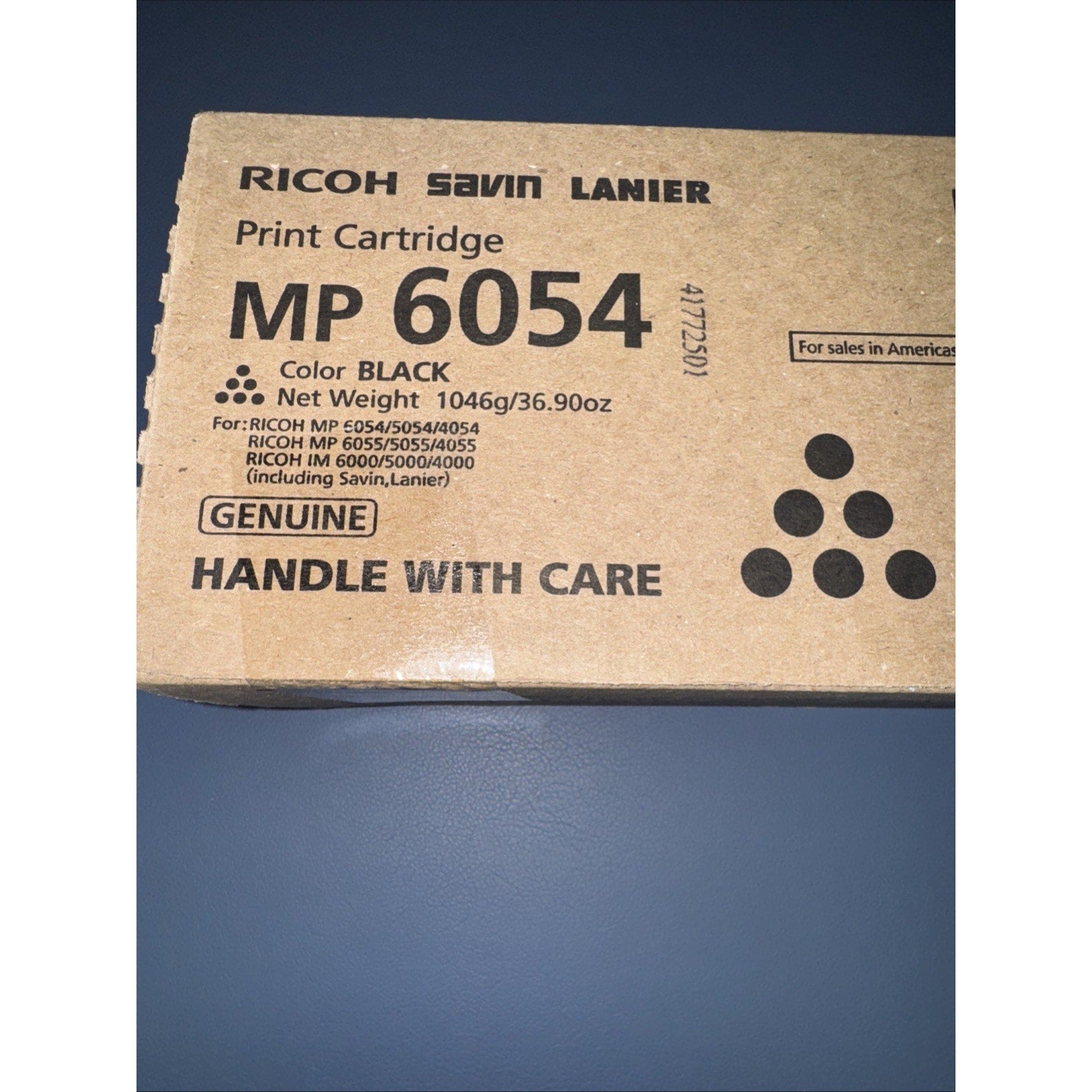 Ricoh Savin Lanier MP 6054 black print cartridge box with product details and genuine label on cardboard packaging
