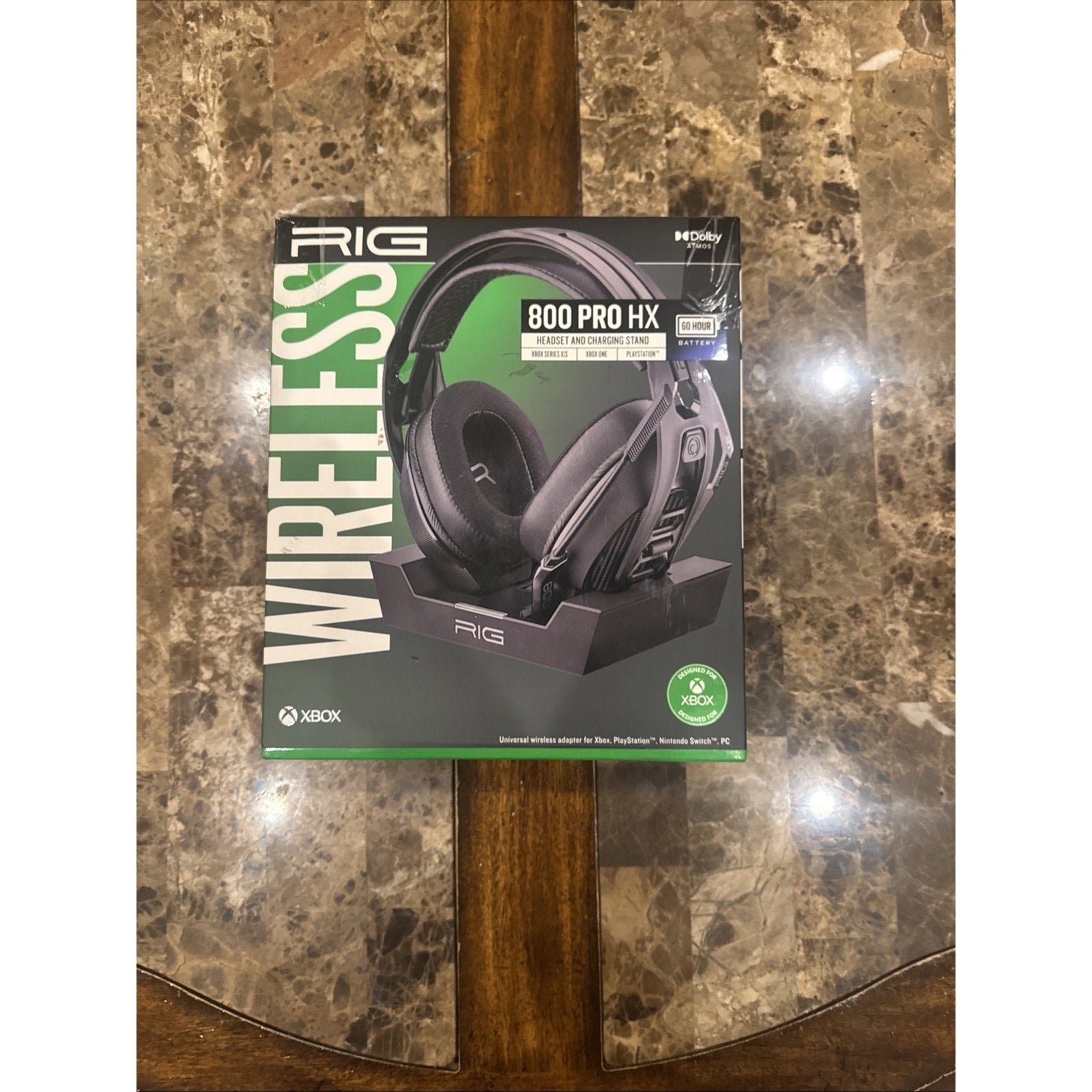 Nacon RIG 800 Pro HX wireless gaming headset and charging stand packaging designed for Xbox with black ear cups and headband