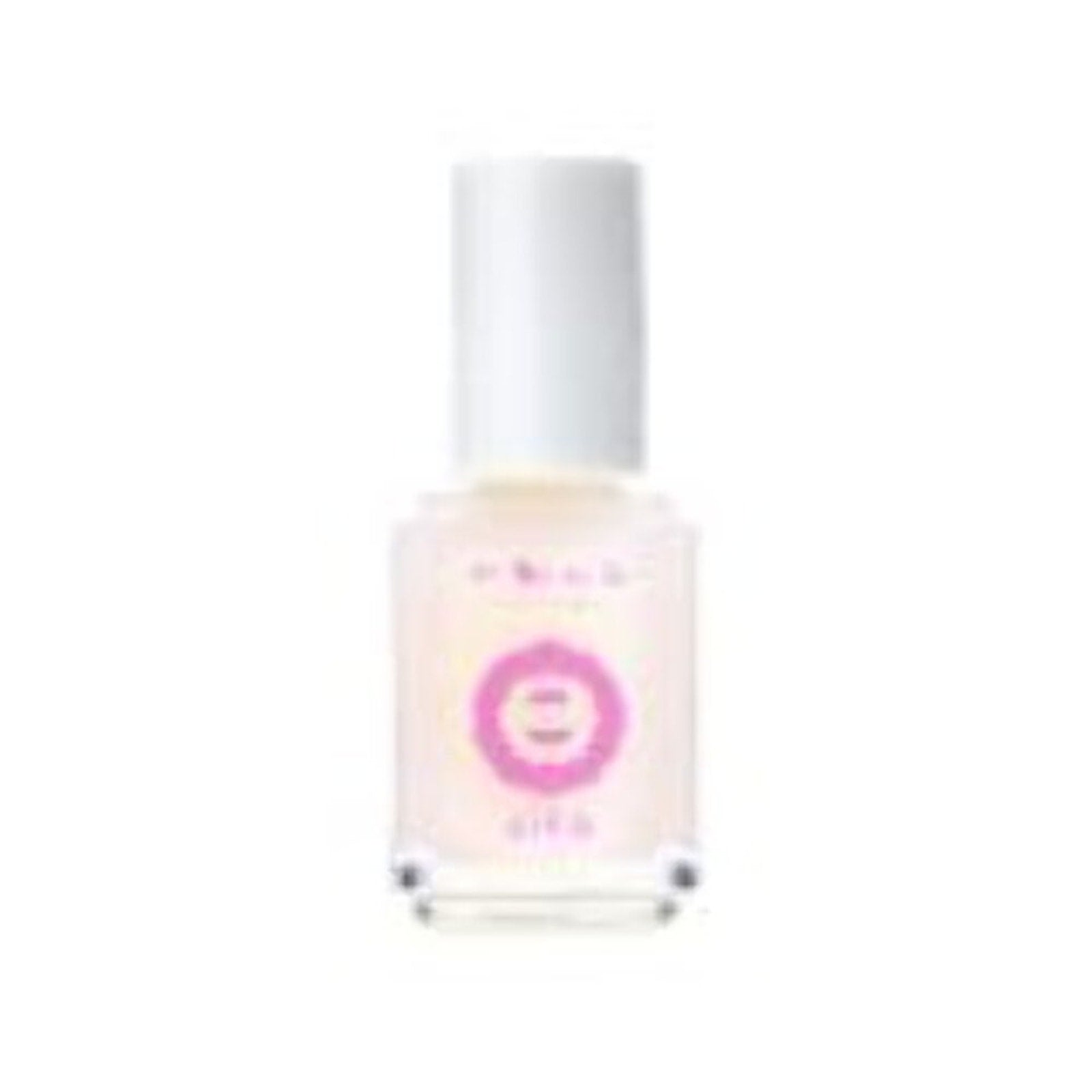Small clear glass bottle with a white cap, containing a light pink liquid, labeled with a circular pink logo and text on the front against a plain white background.