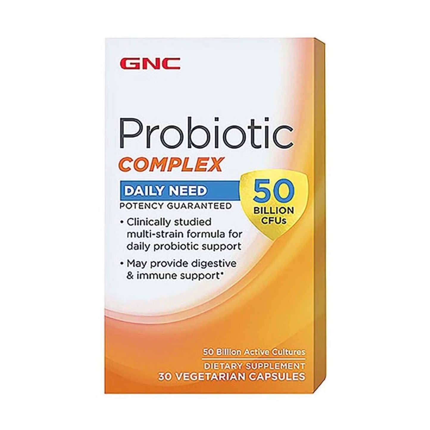 Box of GNC Probiotic Complex dietary supplement featuring 50 billion active cultures, highlighting daily need formula with multi-strain probiotic support in 30 vegetarian capsules.