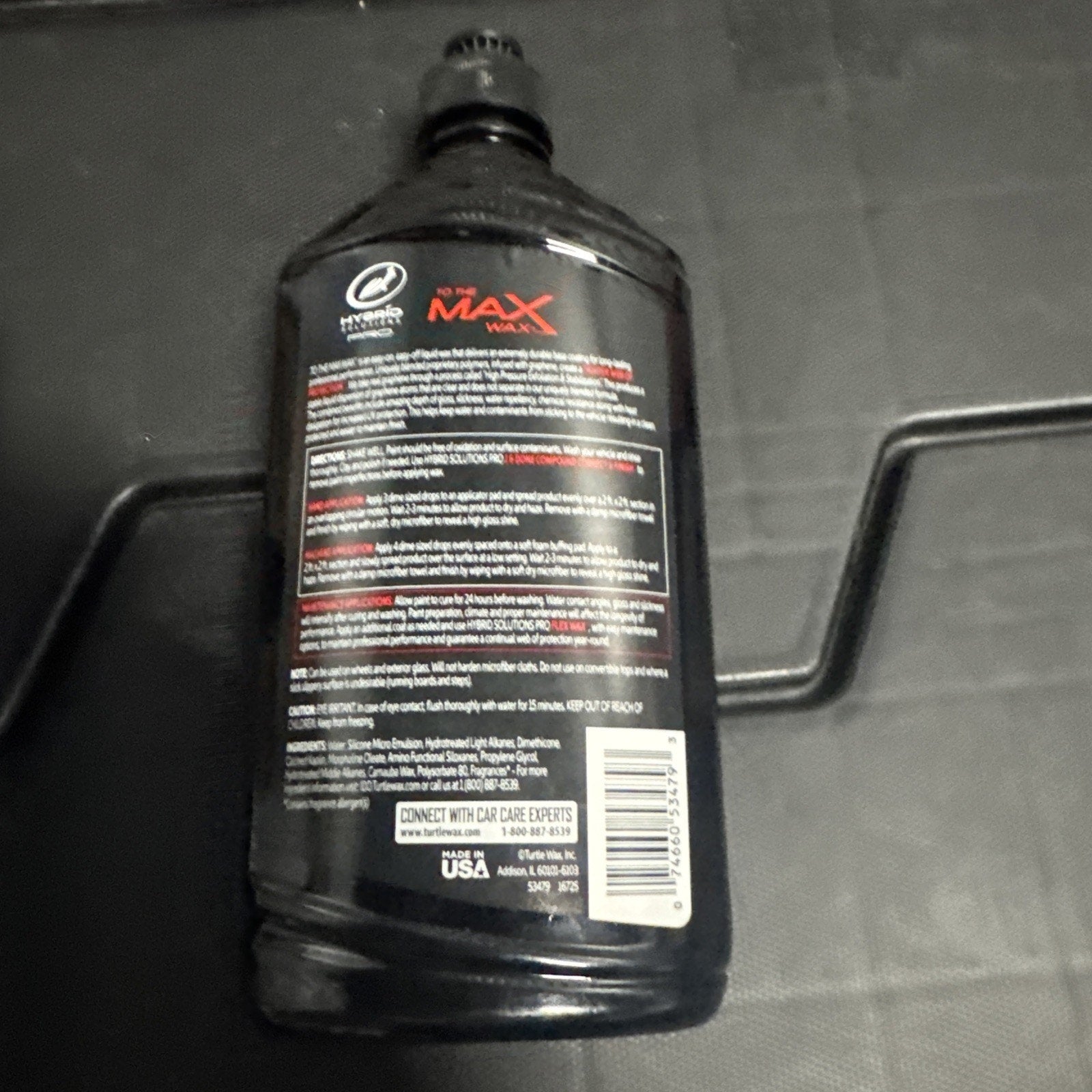 Back view of Turtle Wax Hybrid Solutions Pro To The Max Wax bottle with product details and barcode shown