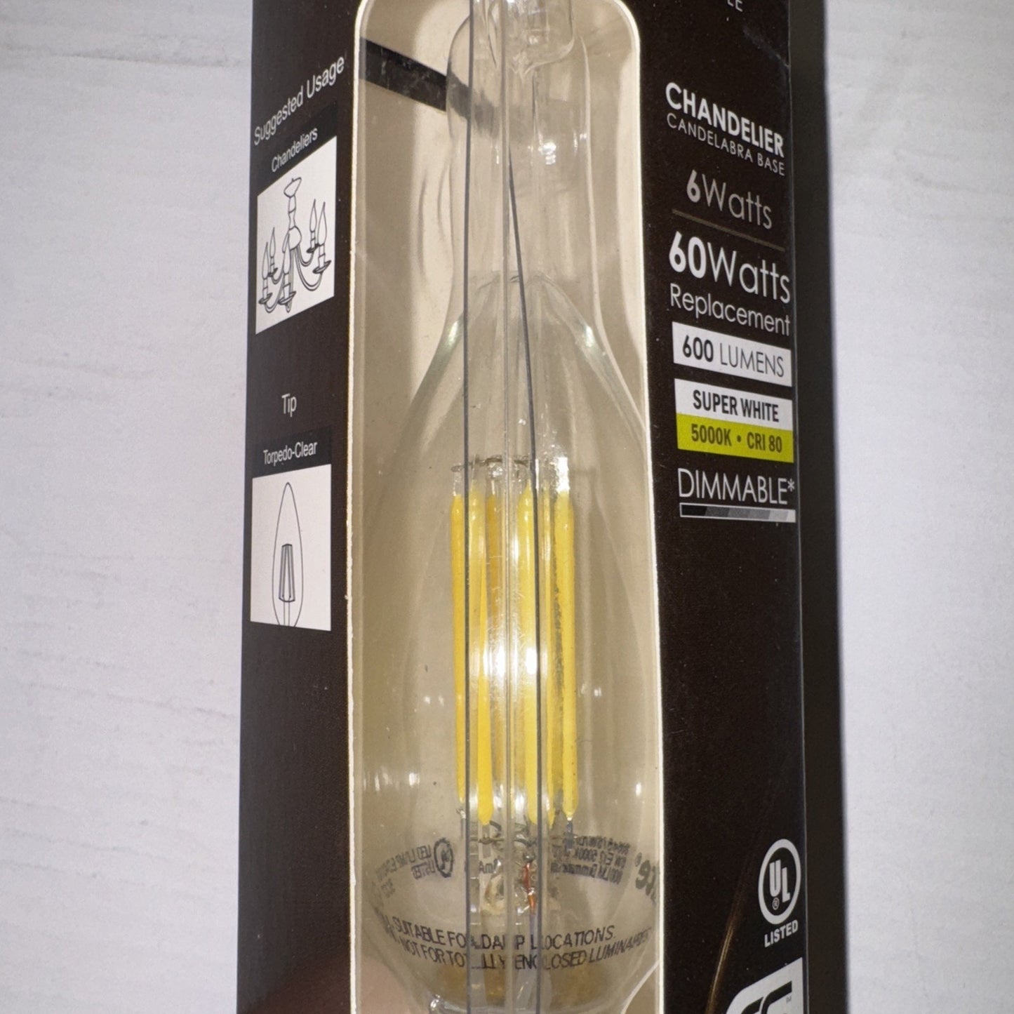 Sunlite antique style chandelier LED bulb 6 watt 600 lumens dimmable soft white light in packaging