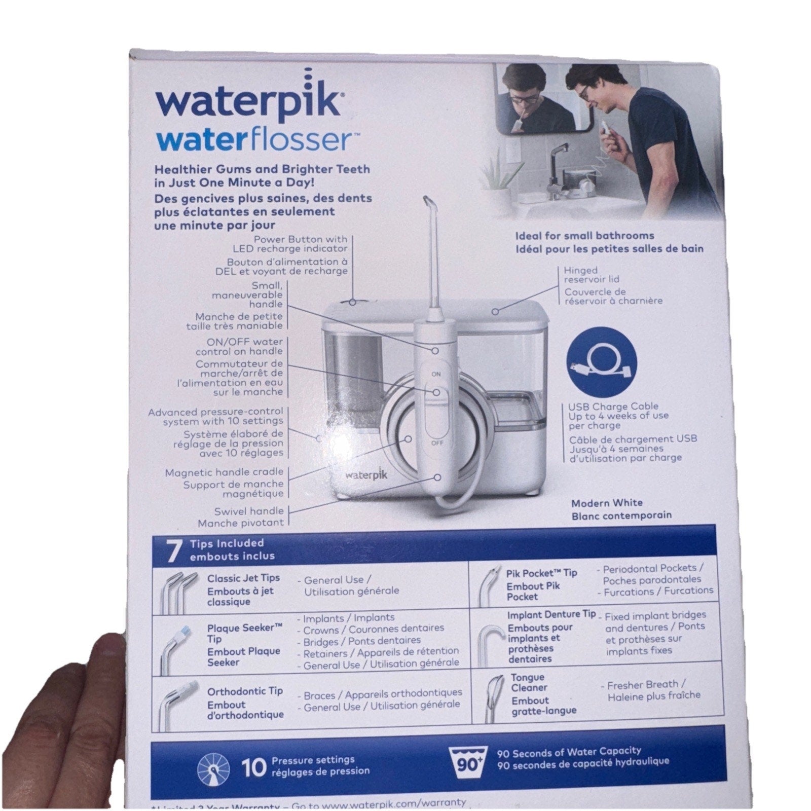 Boxed WaterPik Water Flosser Platinum with LED power button and 7 multifunctional tips on back packaging