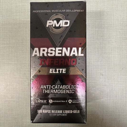 Black and red box packaging for PMD Arsenal Inferno Elite dietary supplement, highlighting anti-catabolic thermogenic formula with 120 rapid release liquid-gels.