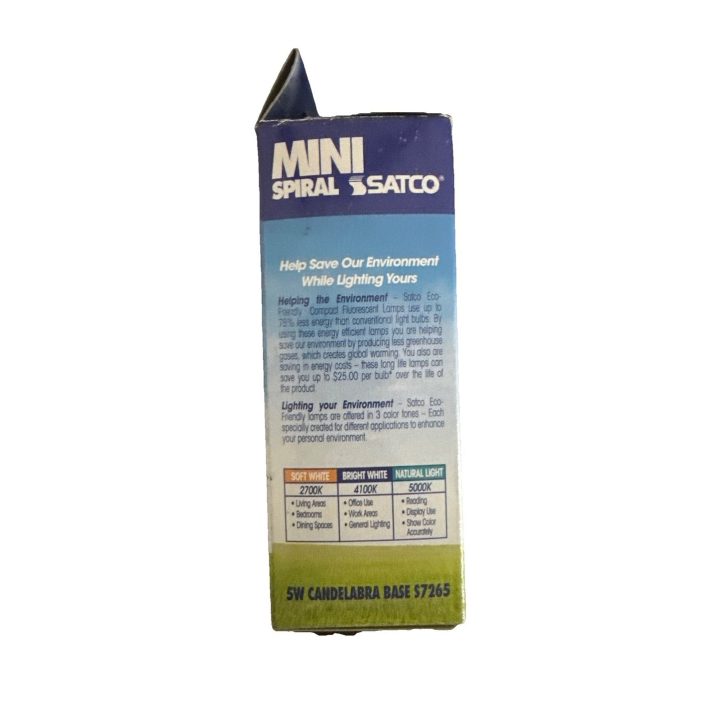 Satco 5W mini spiral fluorescent bulb with E12 candelabra base and 4100K bright white light on packaging box side