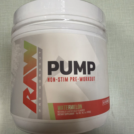 White plastic container of RAW Pump non-stim pre-workout supplement in watermelon flavor, featuring a clean design with green and red accents and labeled dietary supplement.
