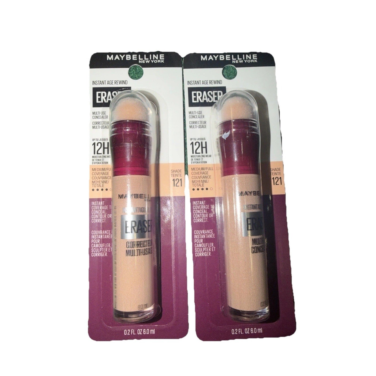 Two Maybelline Instant Age Rewind Eraser concealer sticks in shade 121, each with a sponge applicator and clear plastic cap, displayed in retail packaging.