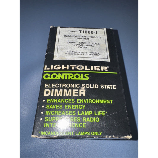 Lightolier Controls T1000-I incandescent toggle dimmer switch box with product features and ivory color label