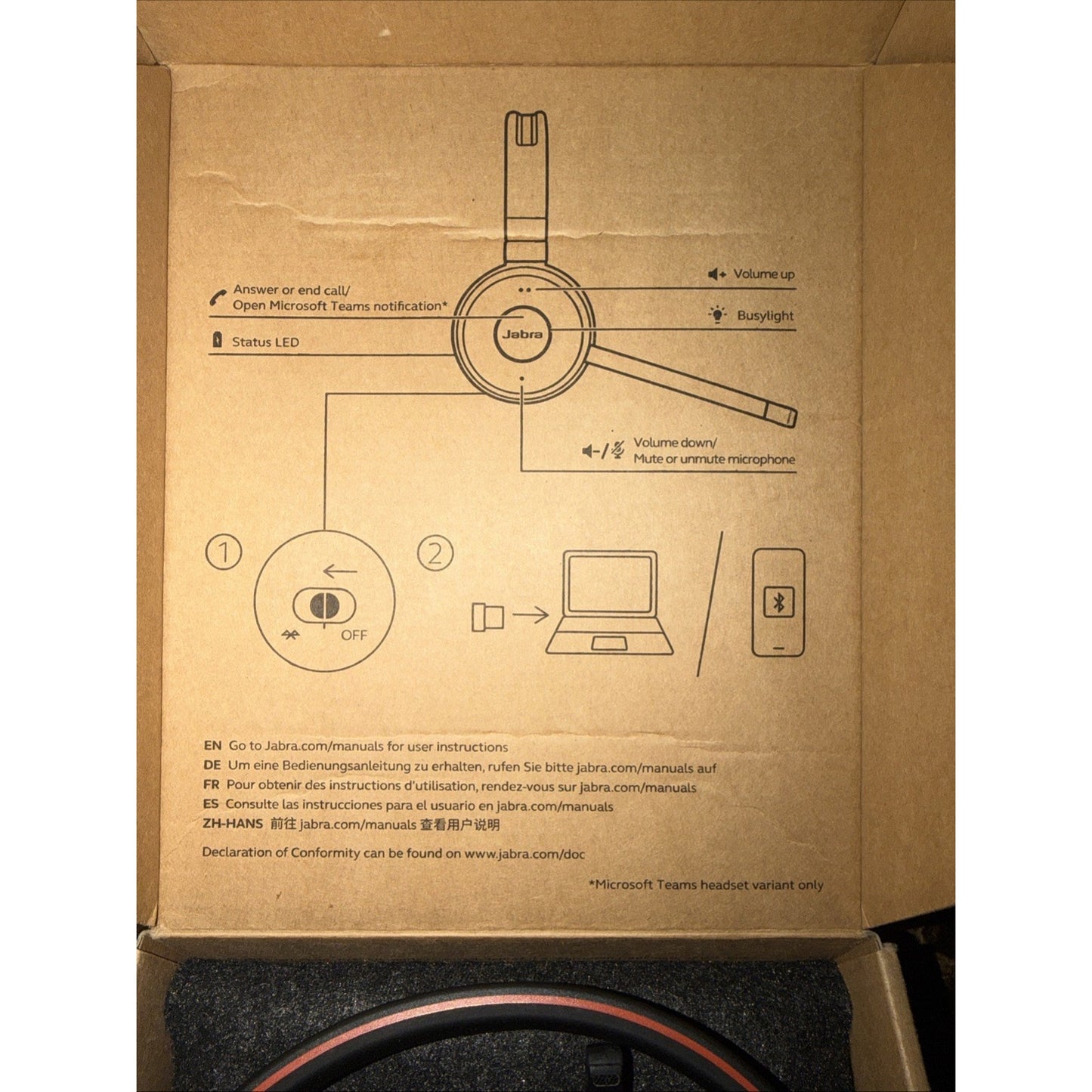 Illustration inside a cardboard box showing a headset with labeled buttons for call control, volume adjustment, mute function, and status LED, along with icons for connecting to a laptop or smartphone and instructions in multiple languages.