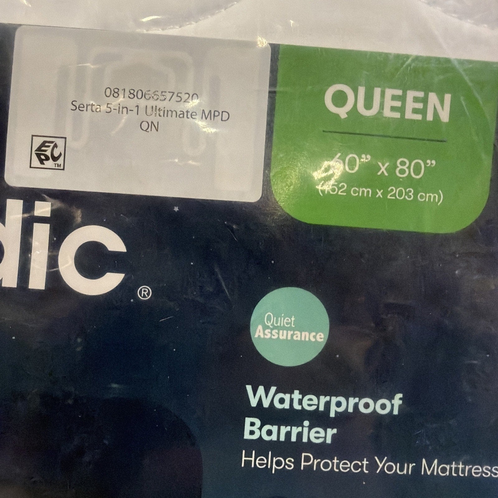 Close-up of packaging label for a queen-size mattress protector measuring 60 by 80 inches, highlighting waterproof barrier and quiet assurance features.