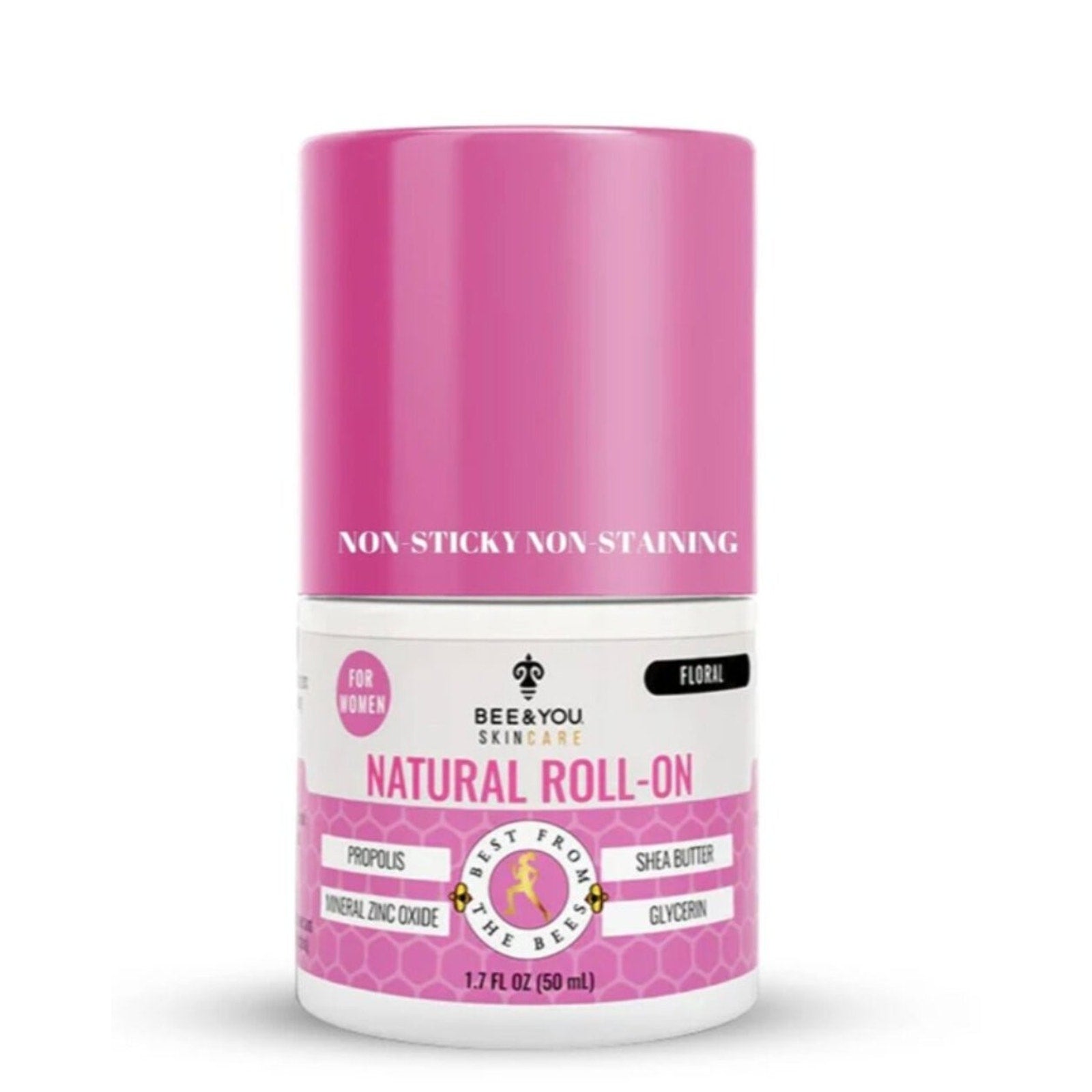 Small cylindrical roll-on deodorant container with a bright pink cap and white body, labeled with natural ingredients like propolis, shea butter, glycerin, and zinc oxide.