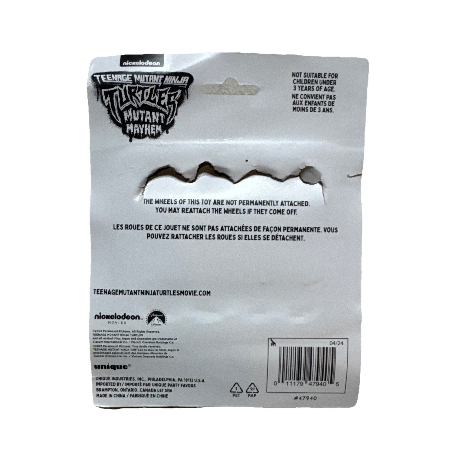 Teenage Mutant Ninja Turtles Mutant Mayhem party favors toy packaging back with safety and product details