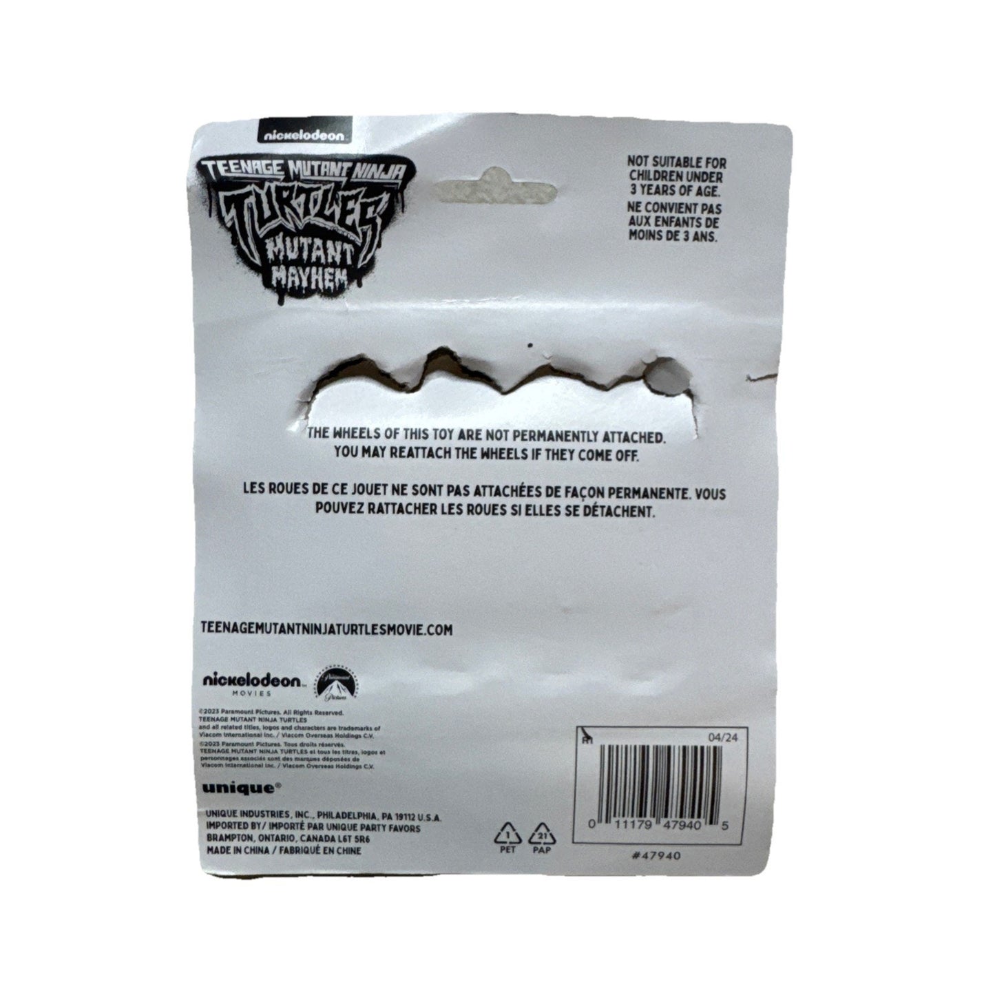 Teenage Mutant Ninja Turtles Mutant Mayhem party favors toy packaging back with safety and product details